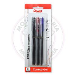 Caneta Gel EnerGel Makkuro 0.5mm Pentel - Pt, Az, Vm - Blister 3 UN