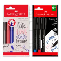 Kit Caneta Hidrográfica Fine Pen 0.4mm + SuperSoft Pen 1.0mm Faber-Castell - Pt, Az, Vm - Kit 2 BL